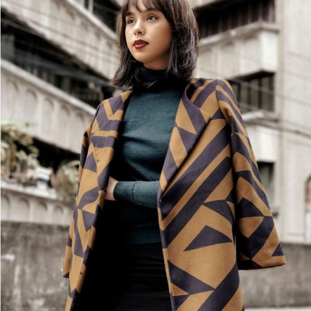 H&M Zigzag Patterned Brown and Black Trench Coat